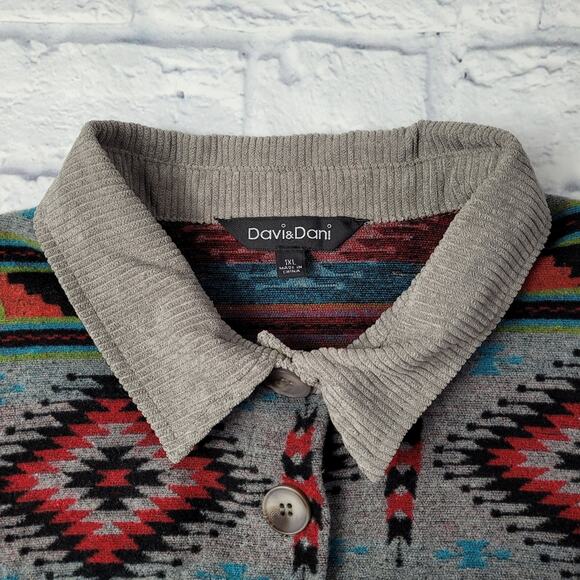 Davi & Dani Gray Wide Wale Corduroy with Southwestern Yoke Shacket size 1XL - Picture 13 of 16